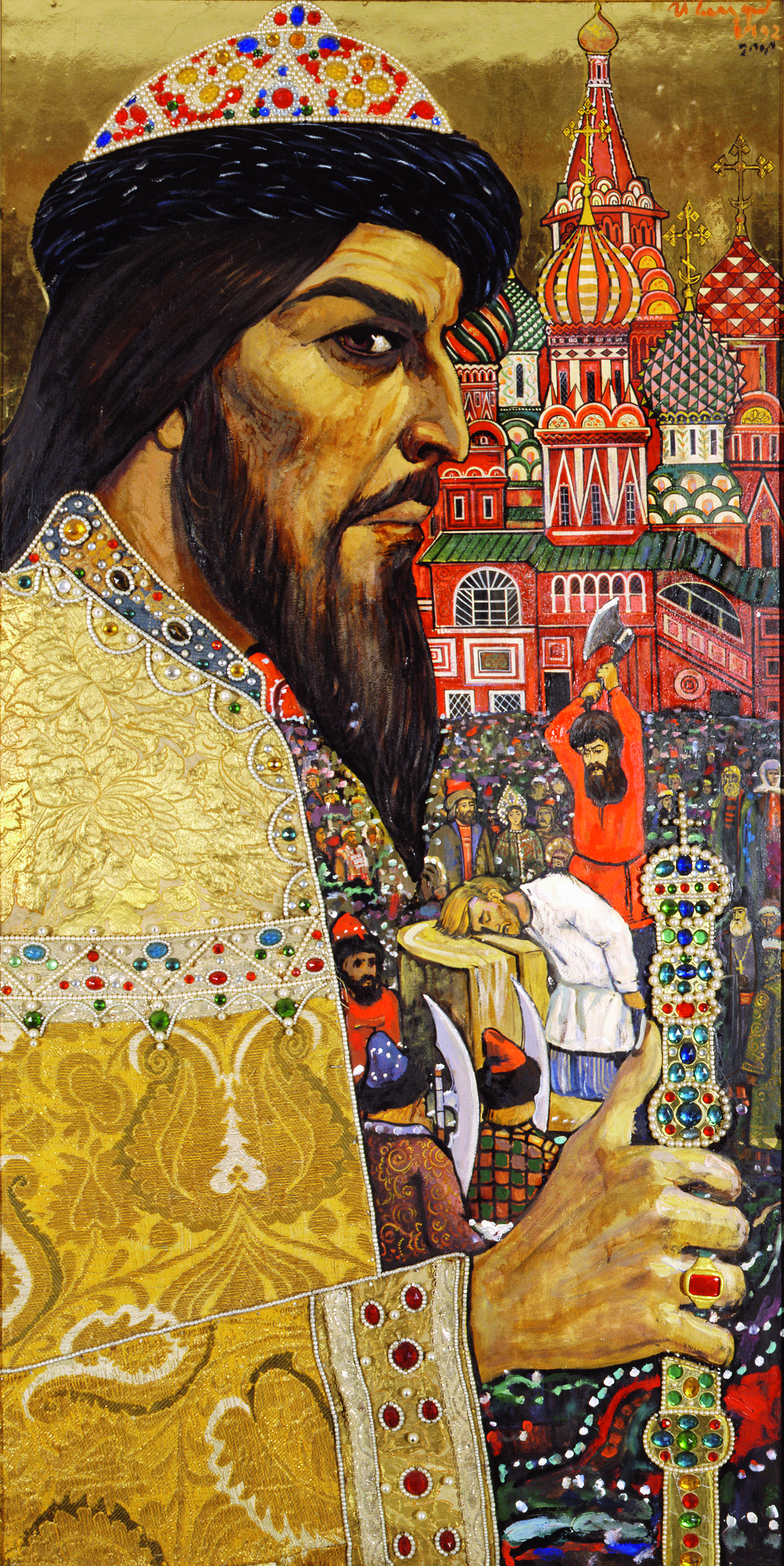 Иван Грозный. 1992. Фанера, смешанная техника, парча, искусственный жемчуг, аппликация, поталь. 152х76.jpg