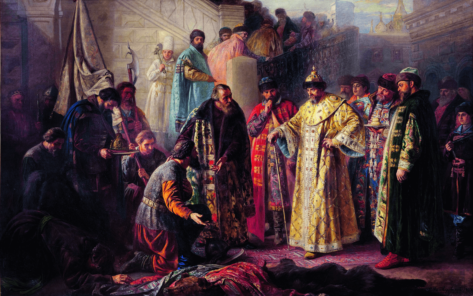 Посланники от Ермака на Красном крыльце перед Иваном Грозным. Картина С. Р. Ростворовского, 1884 год.png