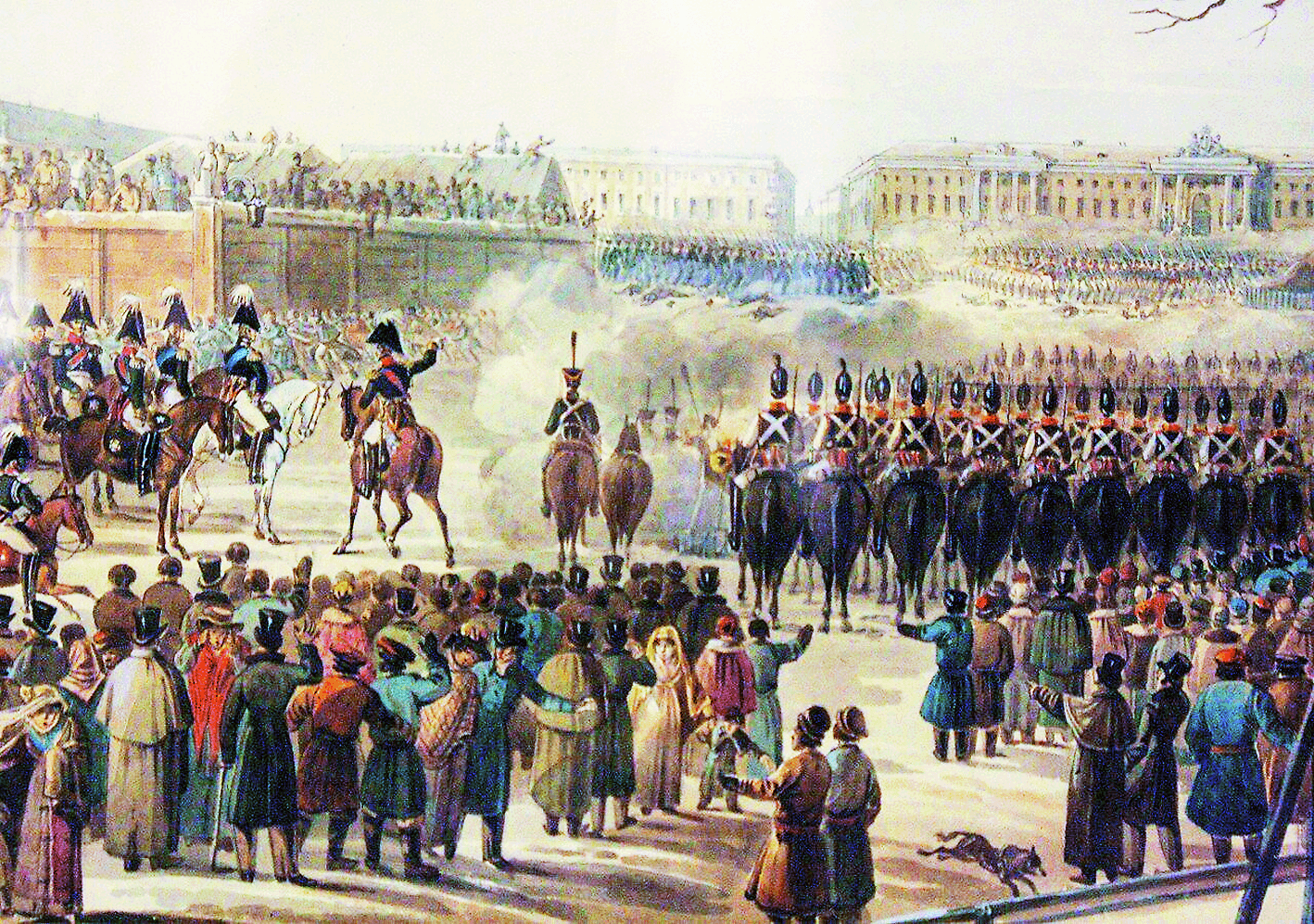 «Восстание на Сенатской площади в Петербурге 14 декабря 1825 года», акварель К.И. Кольмана, 1825 г 1.png